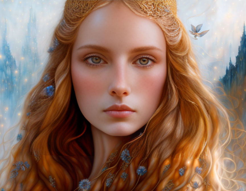 Digital portrait: Woman with auburn hair, golden headwear, surrounded by light and butterflies