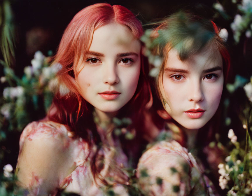 Colorful dyed hair women in sunlit foliage.