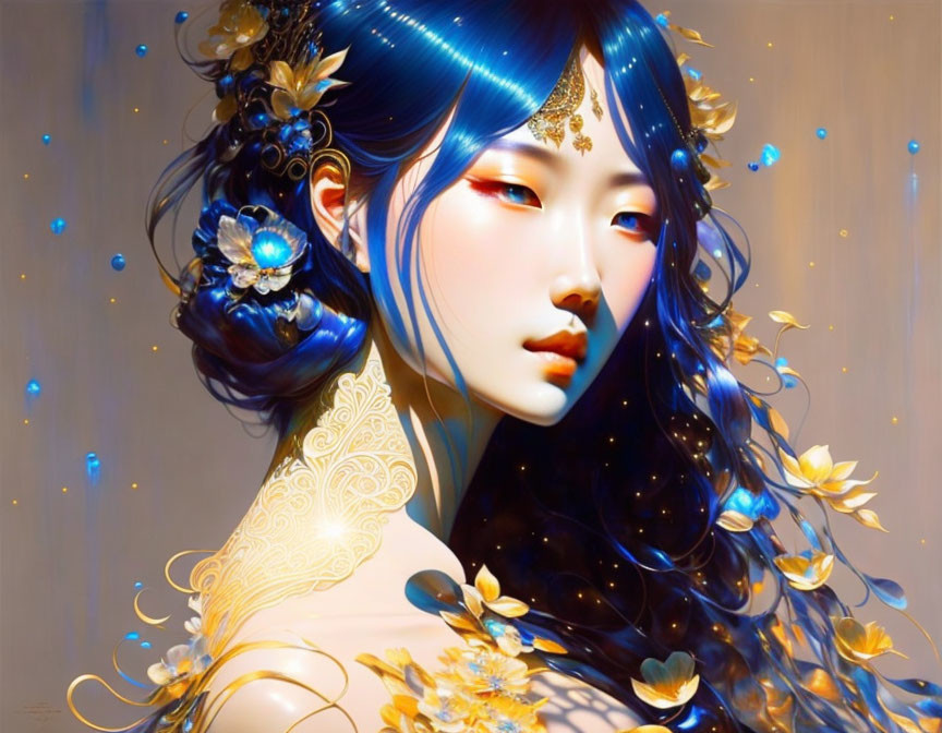 Illustrated portrait of woman with blue hair and golden floral accessories