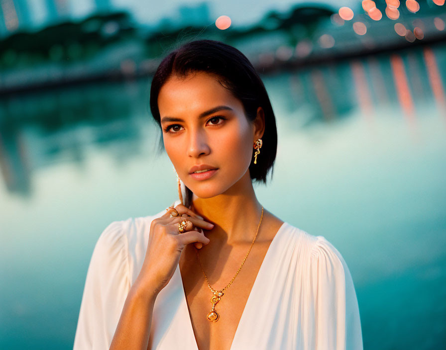 Dark-Haired Woman in White Blouse Poses Thoughtfully at Twilight