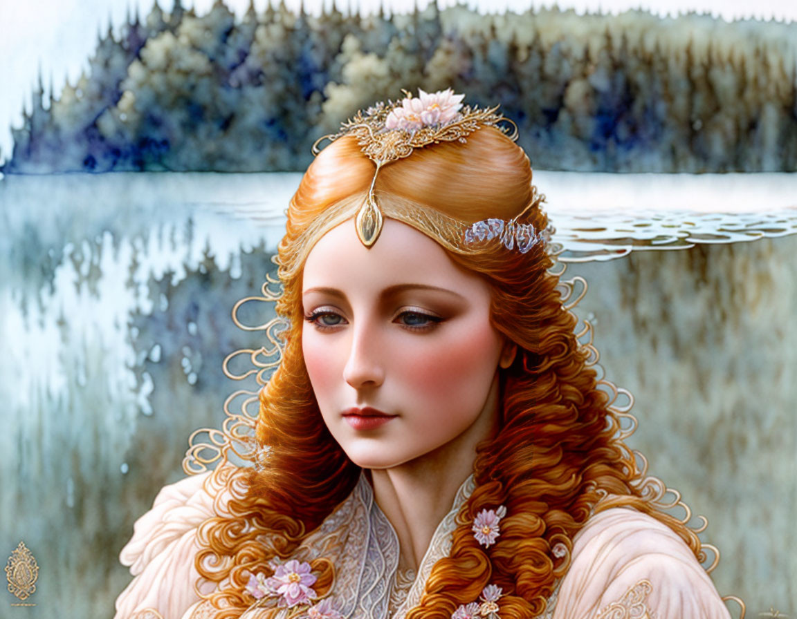 Illustrated portrait of ethereal woman with long red hair and floral headpiece by lakeside forest.