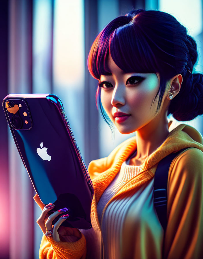 Colorful-haired woman in yellow jacket holds smartphone with triple camera setup under neon lights