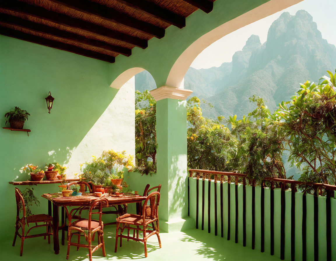 Serene balcony with dining set, greenery, and mountain view