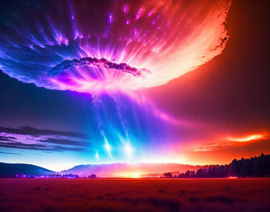 Neon-colored mushroom explosion over forest silhouette