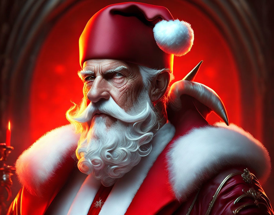 Intense Santa Claus portrait with white beard and red attire on dark background