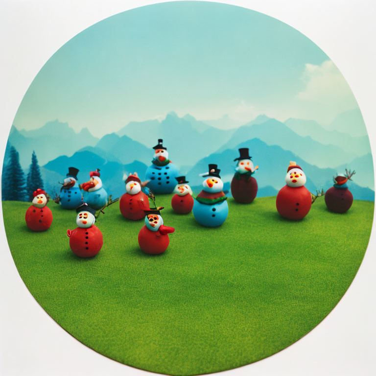 Circular image of colorful snowmen on green hill with misty blue mountains