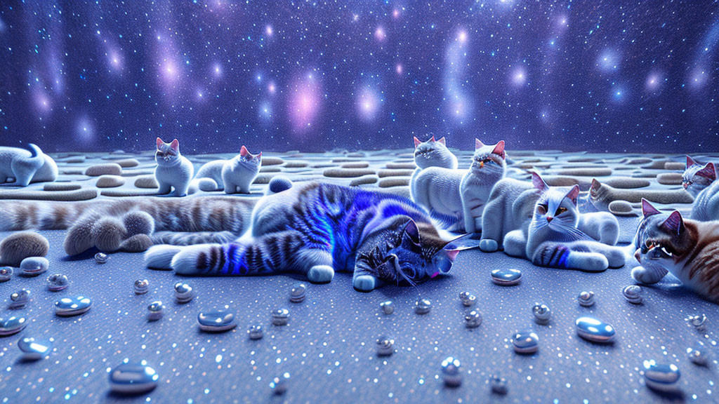 Fantasy scene: Multiple cats amidst glowing pebbles at night