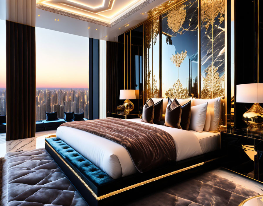 Opulent bedroom with king-sized bed, gold accents, black walls, chandeliers, city skyline