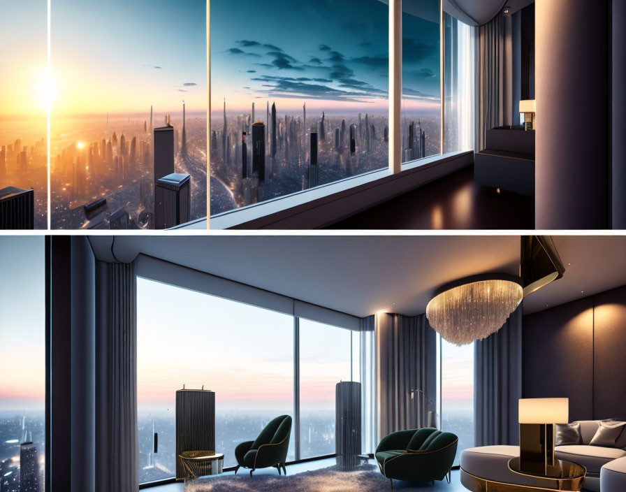 Luxurious modern room with panoramic city skyline view at sunrise