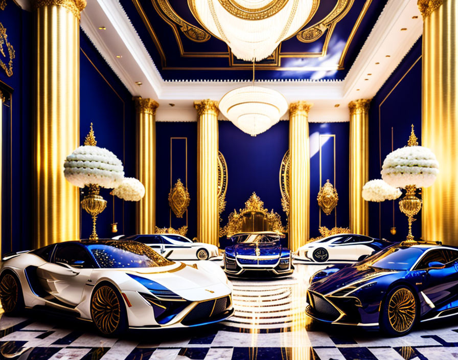 Luxury Garage Interior with Royal Blue and Gold Color Scheme