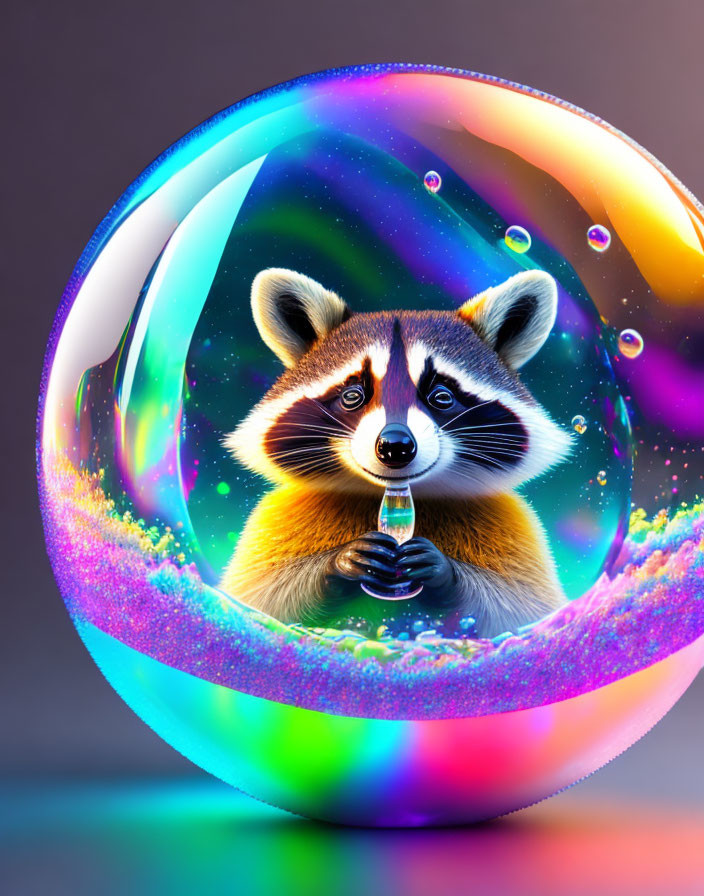 Vibrant raccoon in iridescent bubble on gradient background