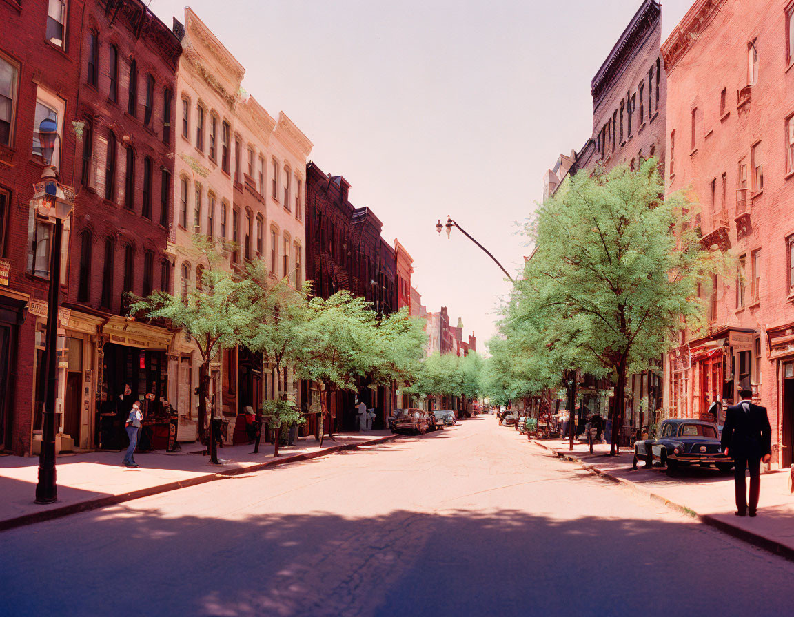 Historic red brick buildings and green trees in urban street