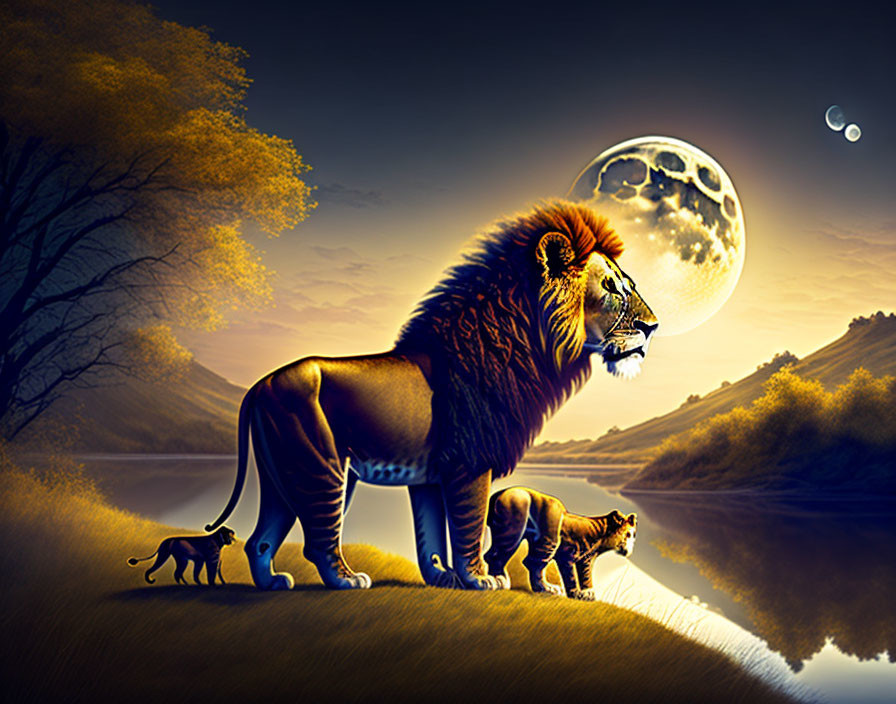 Lion and cubs under full moon by tranquil river