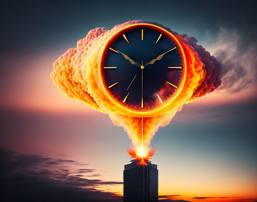 Surreal clock face in fiery explosion on skyscraper at twilight