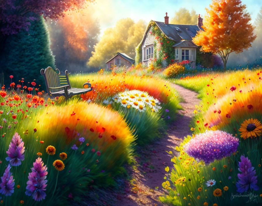 Colorful Garden Scene with Path to Quaint House