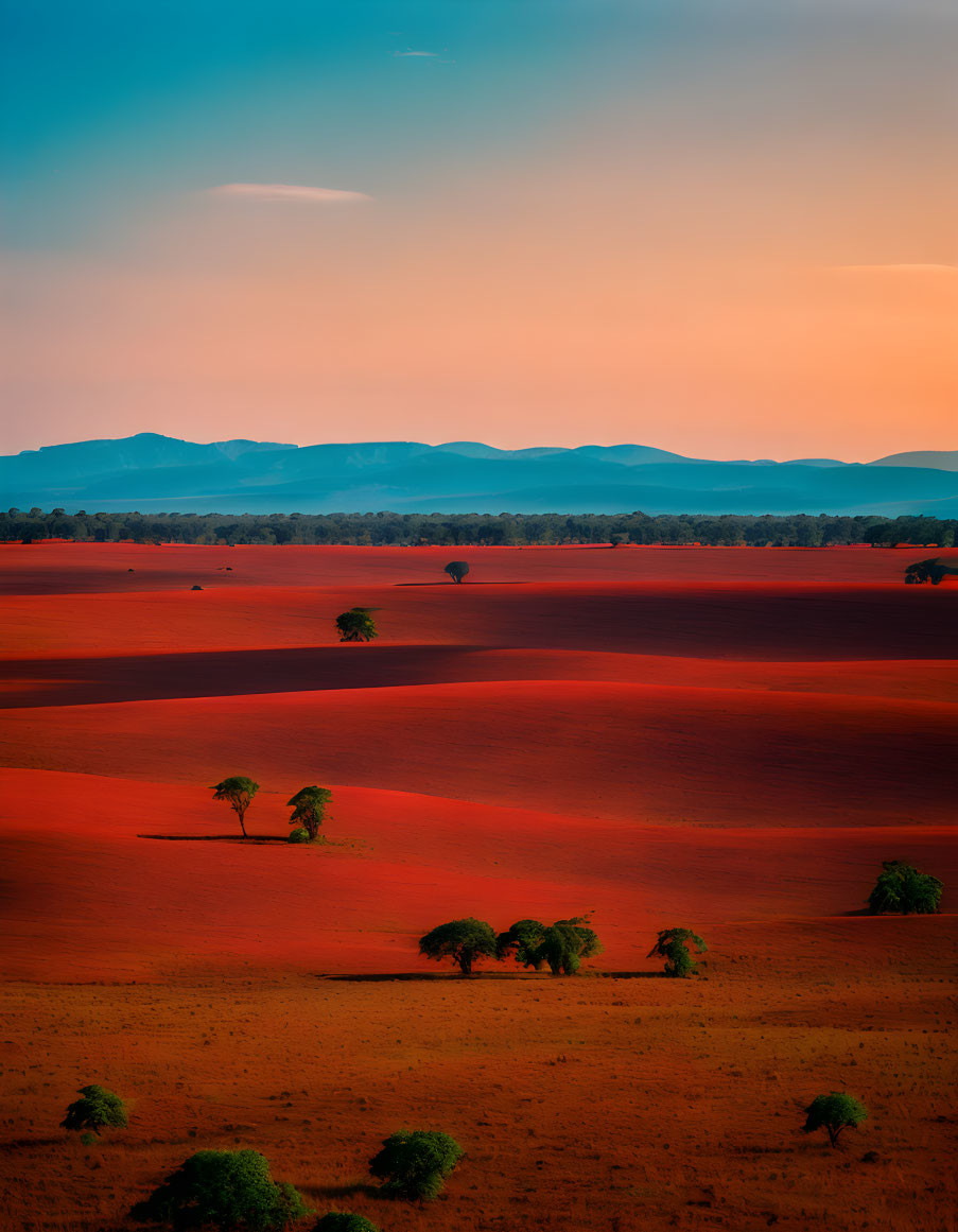 Colorful landscape with red fields, scattered trees, and distant mountains.