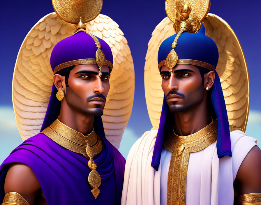 Stylized male figures with golden wings in Egyptian attire.