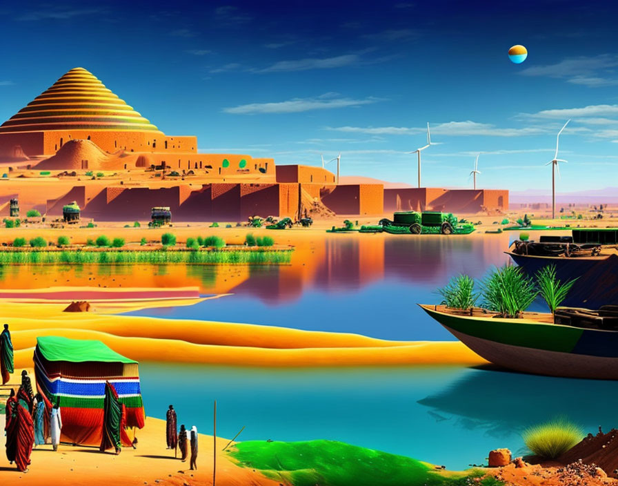 Colorful desert scene with pyramids, river, wind turbines, boats & people