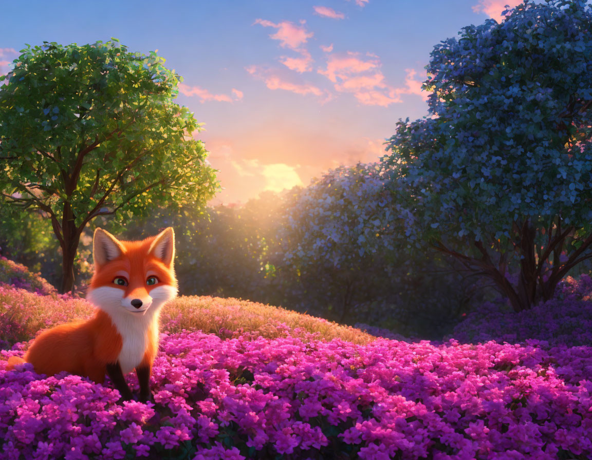 Vivid Red Fox in Purple Flower Field at Sunset