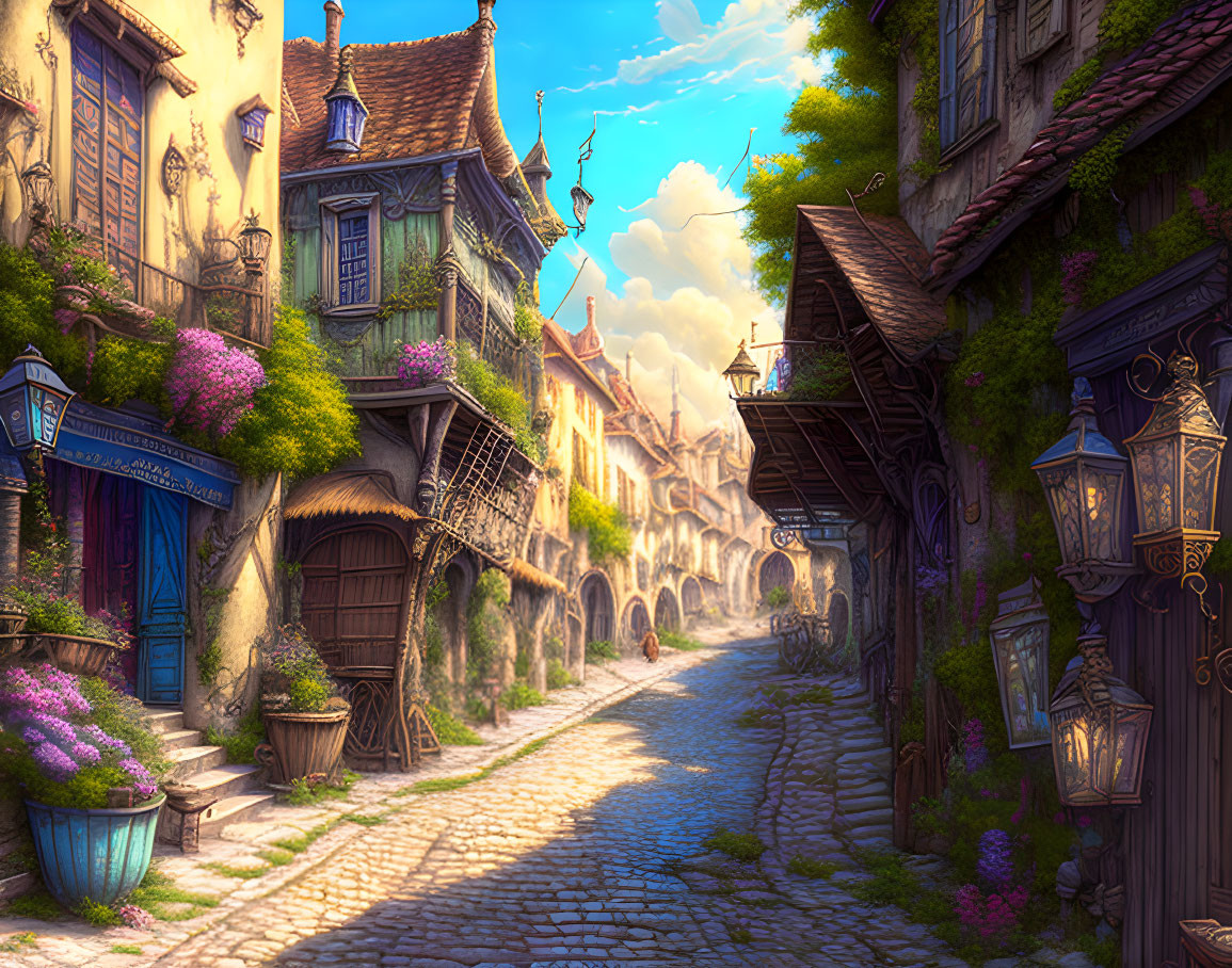 Charming cobblestone street with picturesque houses and vintage lanterns