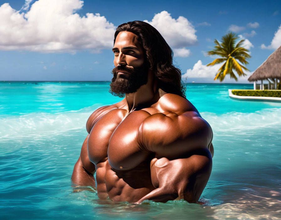 Muscular man with a beard in tropical water with hut and palm trees