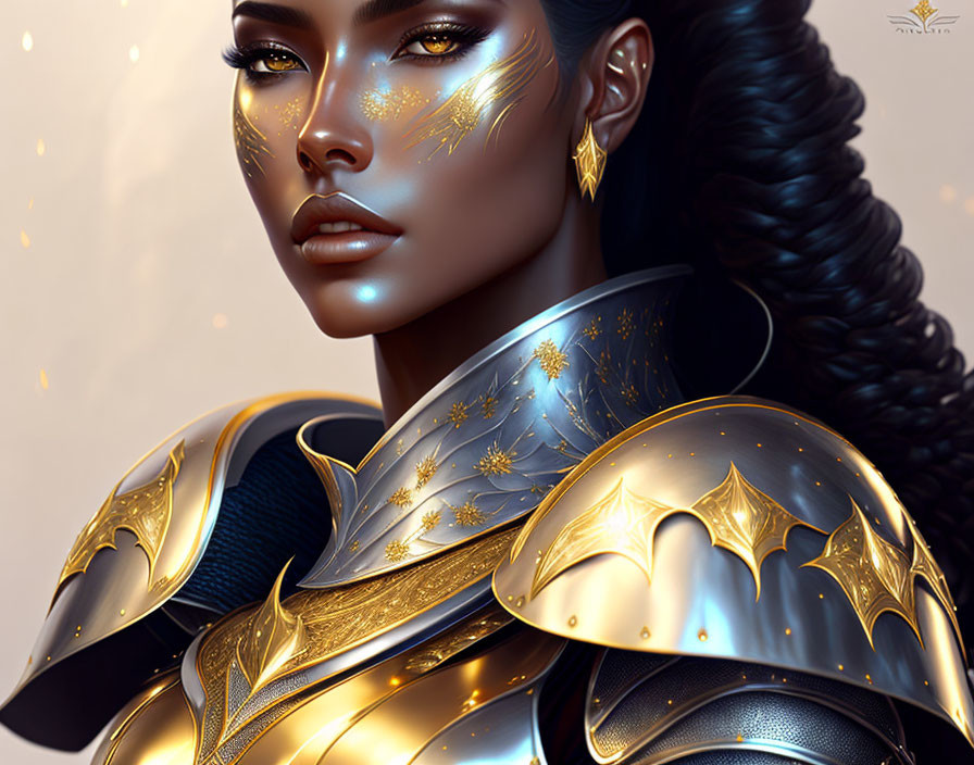 Dark-haired woman in golden warrior armor with stars: digital artwork