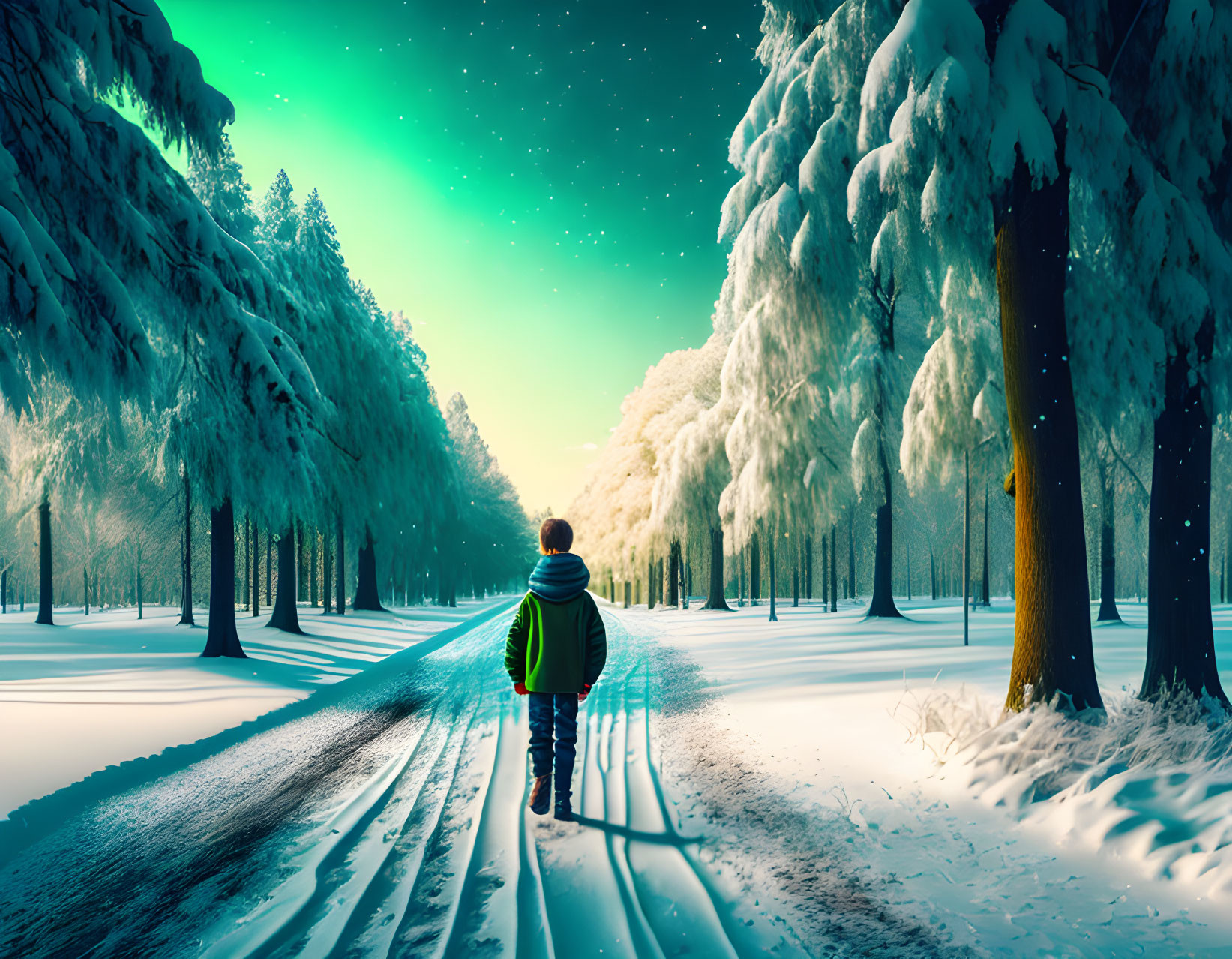 Person in Green Jacket on Snowy Path in Winter Forest Night Sky