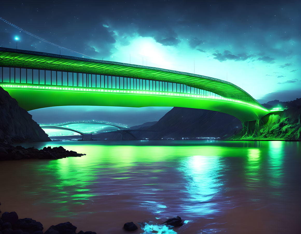 Futuristic green-lit bridge over calm water with aurora and distant bridge