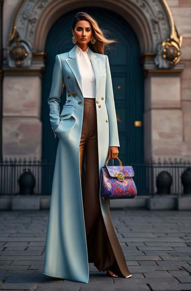 Stylish woman in long blue coat and brown trousers with patterned handbag