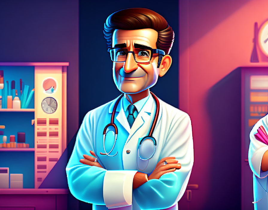 Smiling male doctor in lab coat with stethoscope in clinic