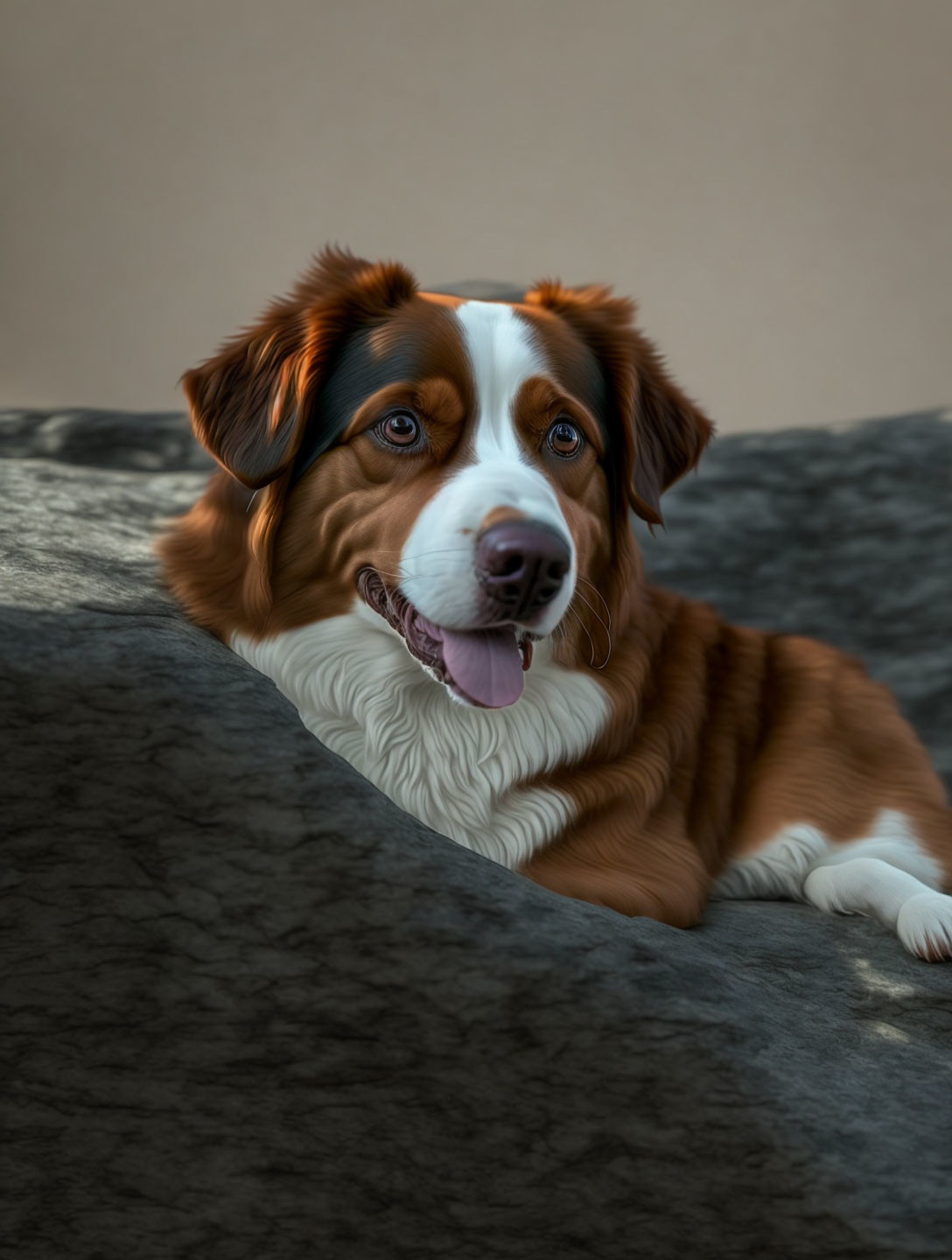 Brown and White Dog with Floppy Ears Lying on Gray Surface