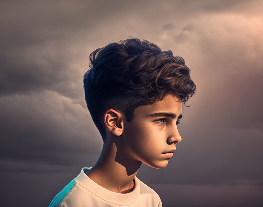 Young person with curly hair against cloudy sky.