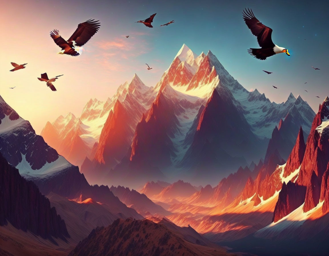 Majestic mountain range with soaring eagles at sunset