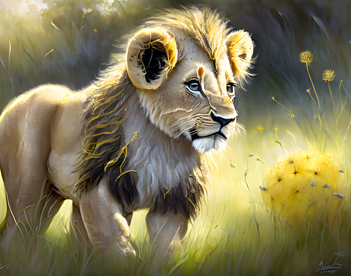 Majestic lion digital painting with ethereal glow and dandelion seeds