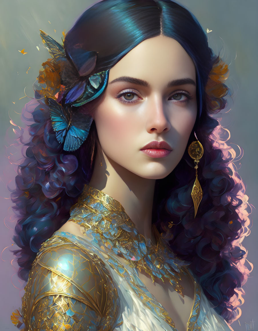 Digital portrait: Woman with dark hair, butterfly hairpiece, gold attire, earring, soft glowing