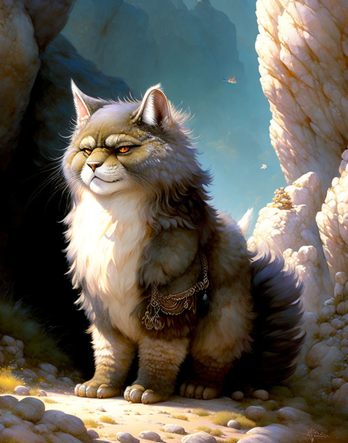 Majestic fluffy cat with piercing eyes and necklace in sunlight among rocks