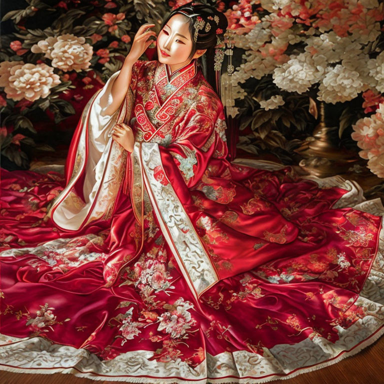 Woman in Luxurious Red Asian Dress Surrounded by Blossoming Flowers