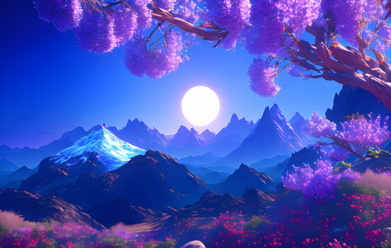 Fantasy landscape with purple foliage, luminous flowers, snow-capped peaks under a large moon.