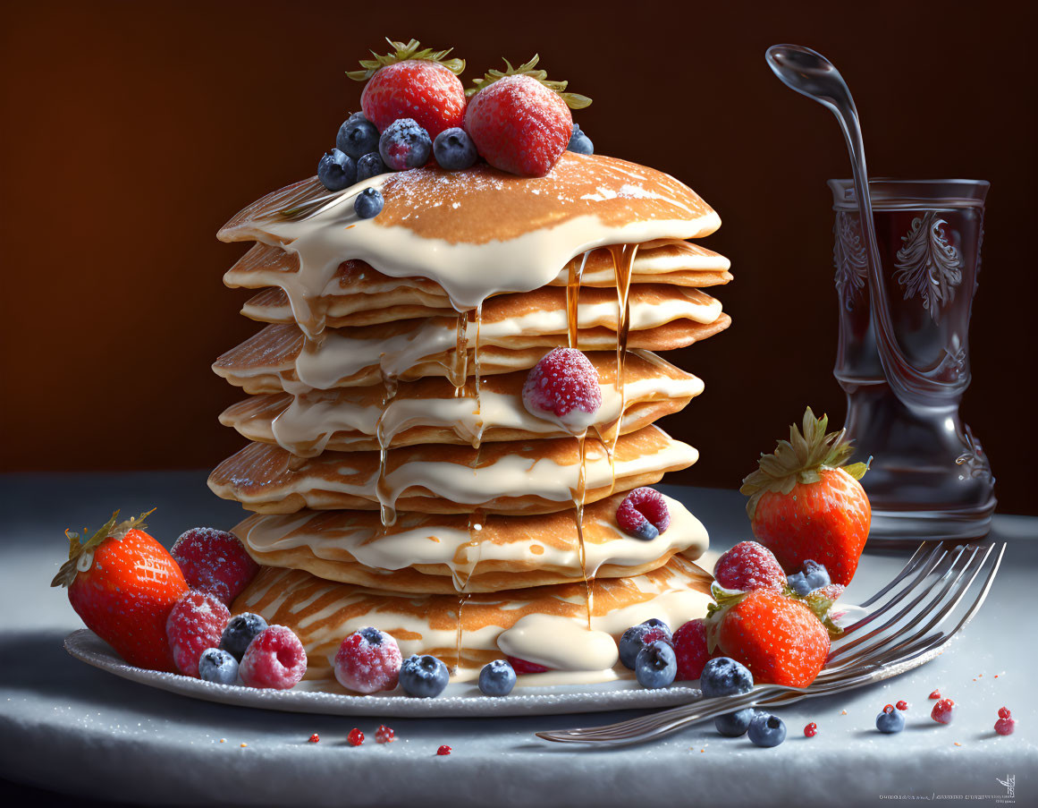 Fresh Fruit Pancakes with Honey Drizzle and Utensils