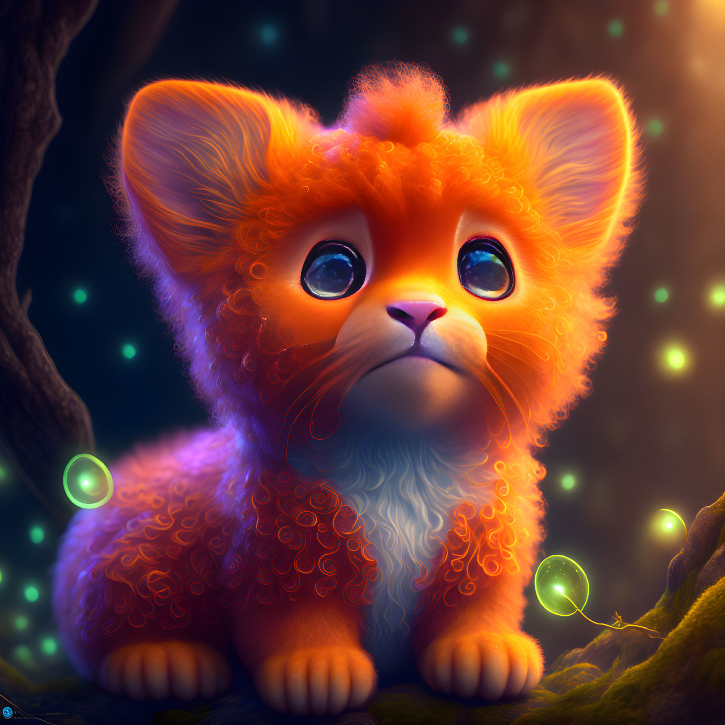 Bright orange fluffy kitten with blue eyes in mystical forest scene