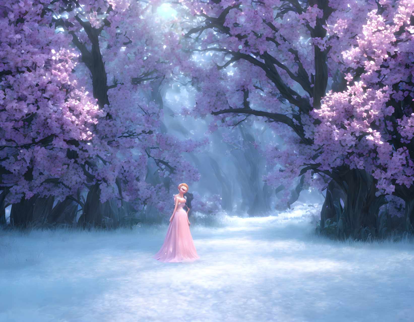 Woman in Pink Dress in Enchanted Forest with Cherry Blossoms