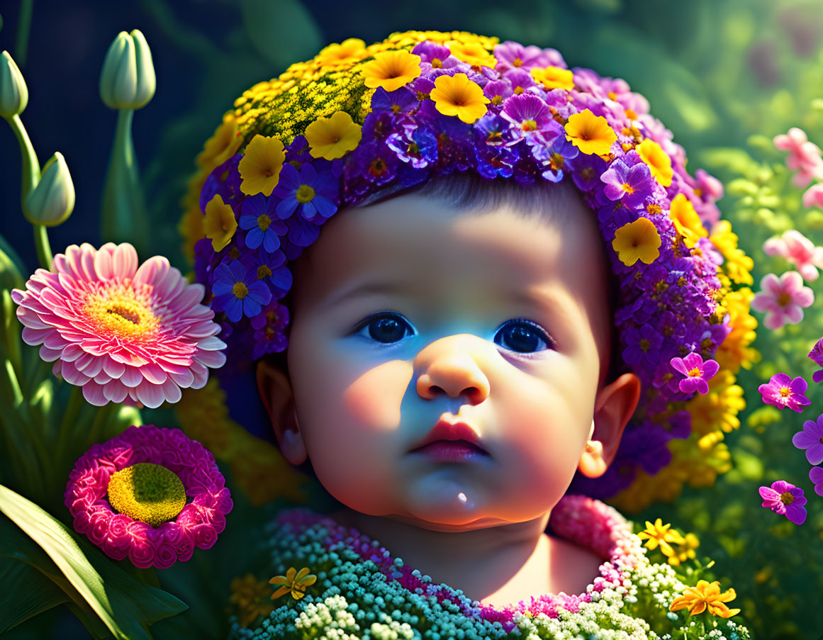 Colorful Floral Wreath Adorns Baby Surrounded by Vibrant Flowers