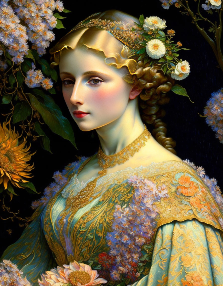 Detailed painting: Woman with fair skin, blue eyes, ornate golden dress, surrounded by blooming