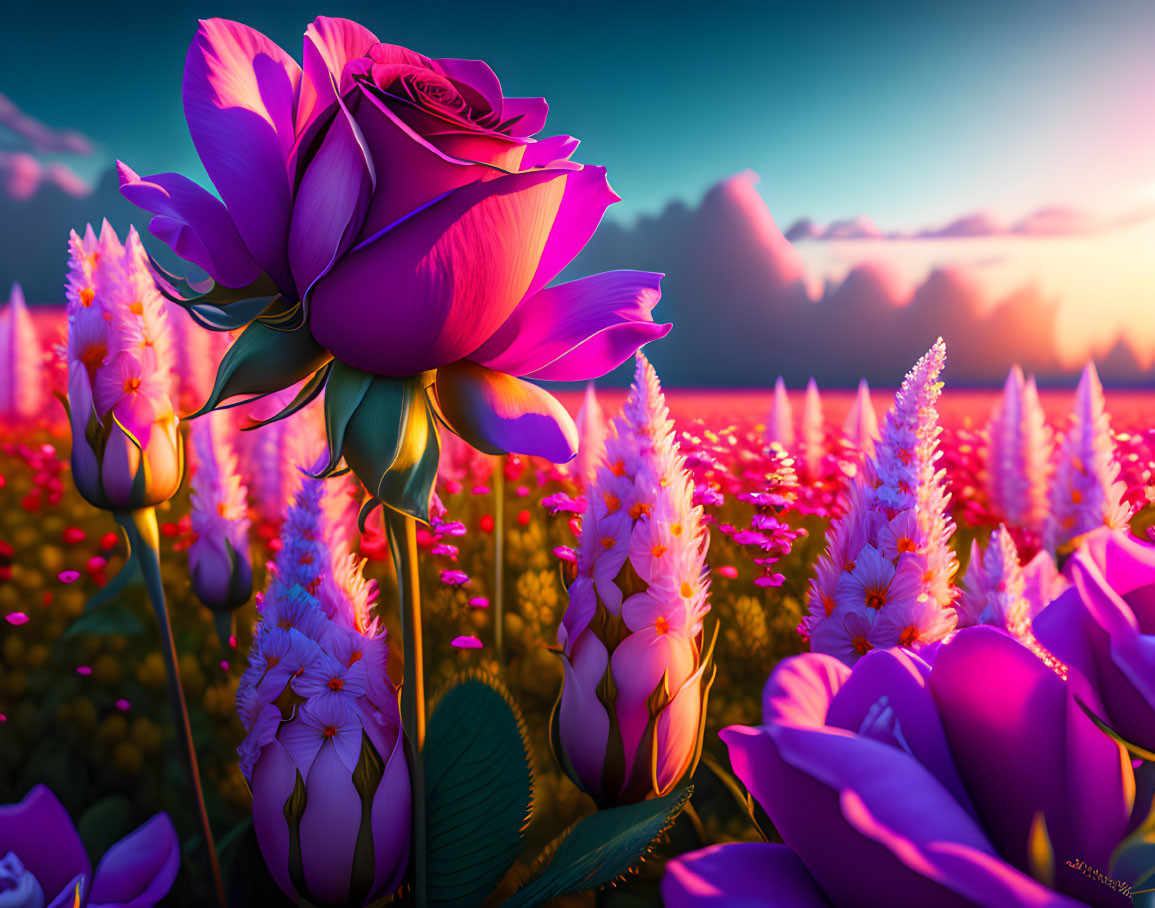 Colorful digital artwork: oversized rose in vibrant field