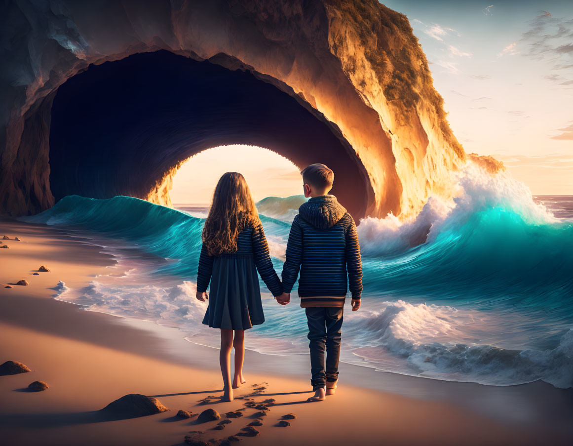 Children holding hands by ocean cave with sunset glow