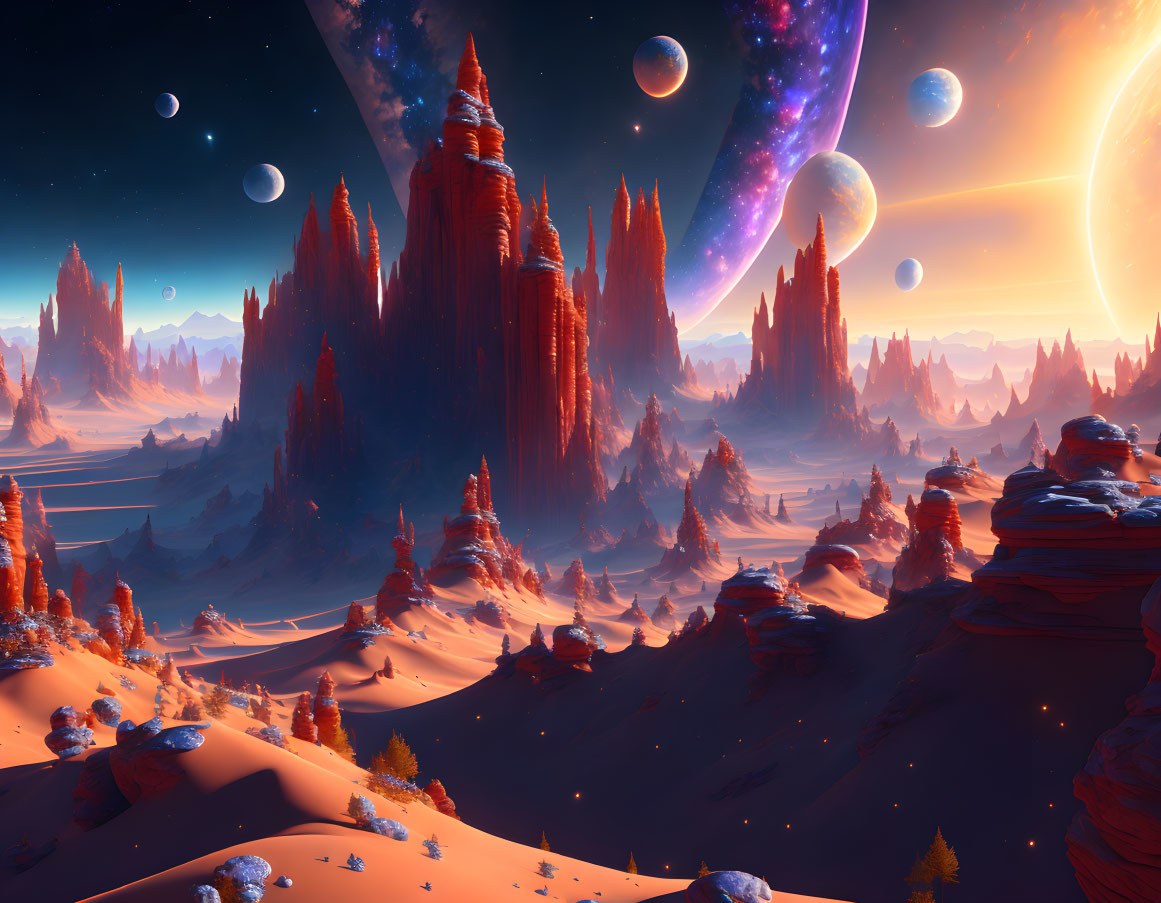 Orange rocky formations under a sky with multiple planets, moons, and a bright sun