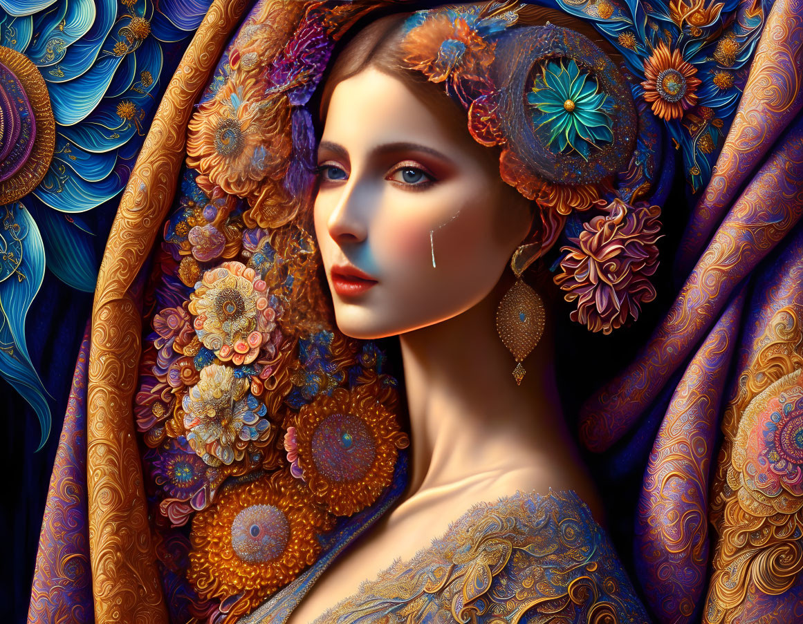 Detailed digital art portrait of a woman with floral headdress and vibrant garments