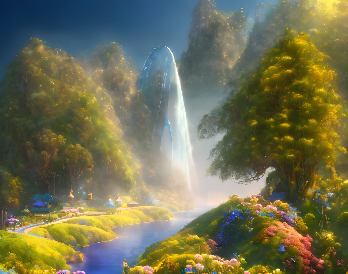 Tranquil fantasy landscape with radiant waterfall, vibrant flowers, meandering river, lush trees