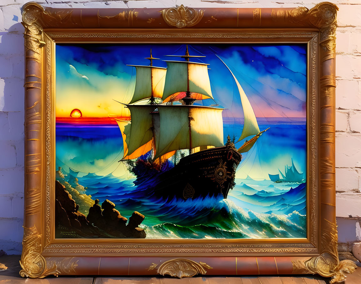 Sailing ship painting on turbulent seas at sunset in golden frame