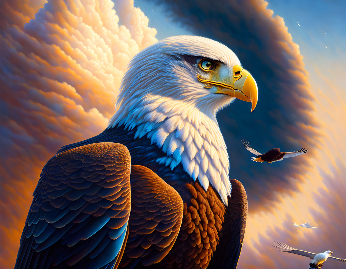 Detailed Bald Eagle Illustration Against Dramatic Sky & Birds